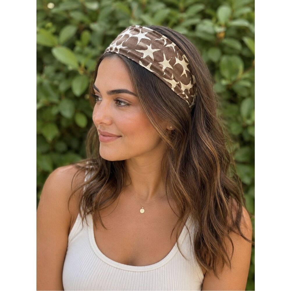 J. Crew Brown Star-Print Fabric Wide Hair Headband OS EUC Nautical Beach